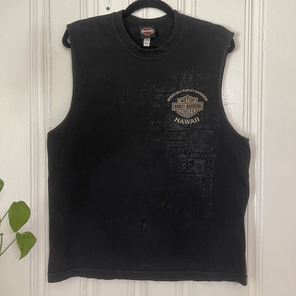 Harley-Davidson Y2K Men Black Graphic Logo Honolulu Hawaii Sleeveless T-Shirt L